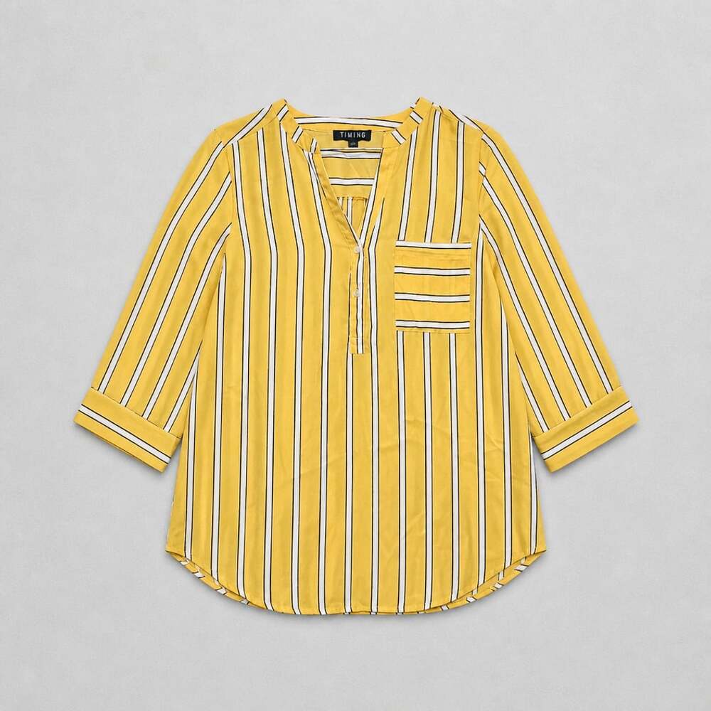 TIMING Yellow and White Striped V-Neck Pocket Blouse Shirt S
